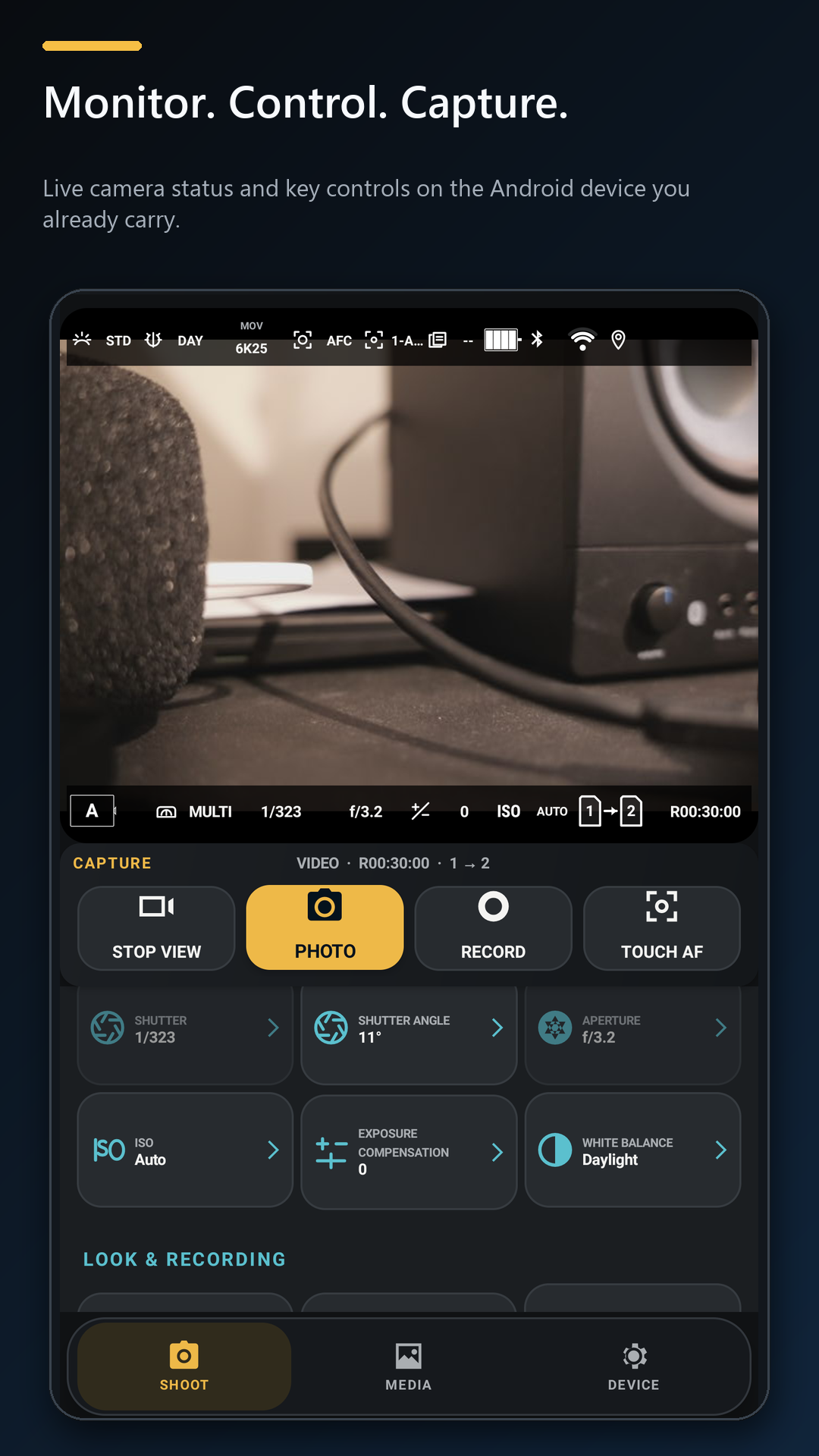 LUMIX Camera Companion live monitor with camera status and shooting controls